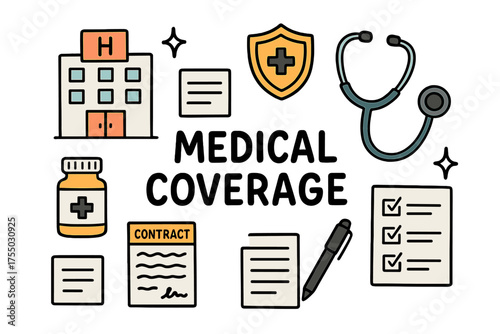 Healthcare Doodle Icons. Medical Coverage. Hand-drawn doodle illustration hospital (colored), stethoscope (colored), shield (colored), sparkle, star, pill