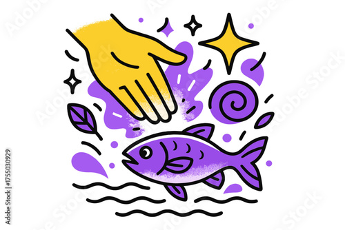 Glowing Hand Release. Catch and Release. A glowing hand gently returning a fish to water, abstract spark and swirl icons symbolizing respect for nature. Modern
