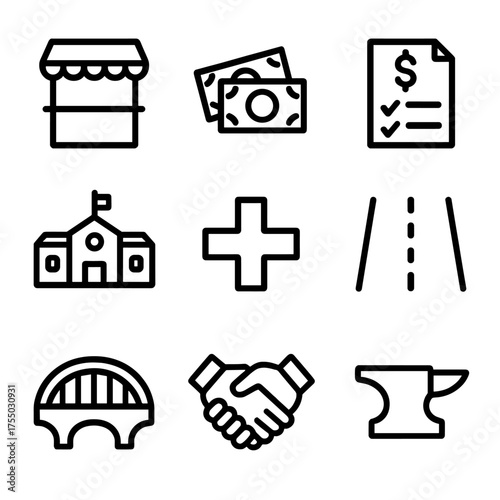Economic Development Icons. Outline icon set of community economic development: market stall, currency notes, microloan document,