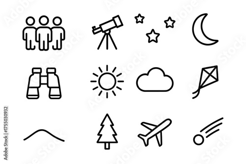 Outdoor Skywatch Icons. Outdoor skywatch. Line icon set of Outdoor skywatch: group of people, telescope, binoculars, stars, moon, sun, cloud, kite, hill, tree