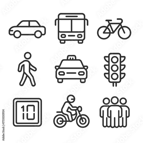 City Traffic Icons. Outline icon set of rush hour city traffic: sedan car, bus, bicycle, pedestrian silhouette, taxi cab, traffic