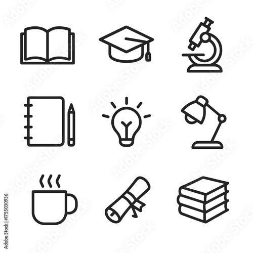 Academic Icons Set. Outline icon set of academic persistence: open book, graduation cap, microscope, pencil and notebook,