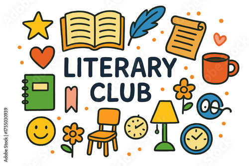 Literary Club Icons. Literary Club. Colorful Hand-drawn doodle Children illustration open book, feather pen, scroll, coffee mug, star, heart, smiley face,