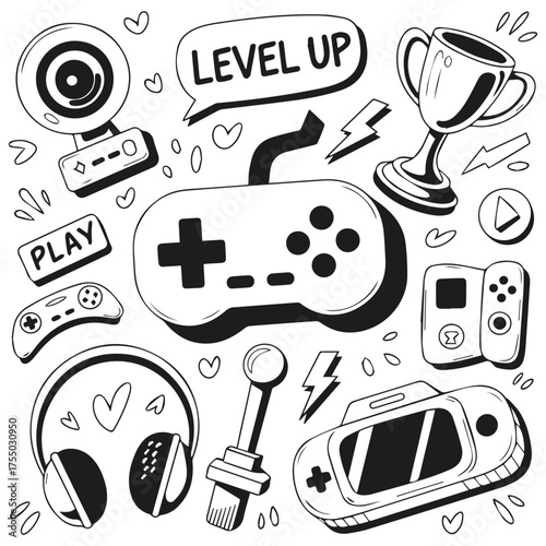Gaming Doodle Icon Set  Video Game Controller, Trophy, Headphones, and Console Silhouettes