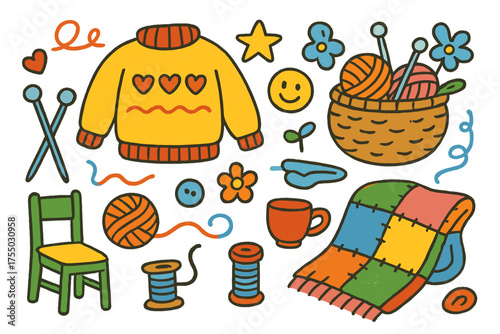 Colorful Knitting Doodles. Knitting Sweaters. Colorful Hand-drawn doodle Children illustration sweater, yarn ball, needles, basket, heart, star, smiley face,