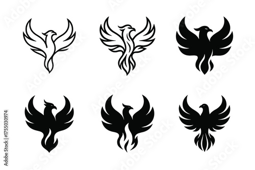 Phoenix Logo Variations. Transformational growth. Set Logo of Transformational growth: phoenix rising. harmonious logo variations of the same emblematic