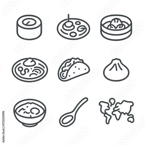 Global Cuisine Icons. Outline icon set of international tasting experiences: sushi roll, tapas plate, dim sum basket, mezze