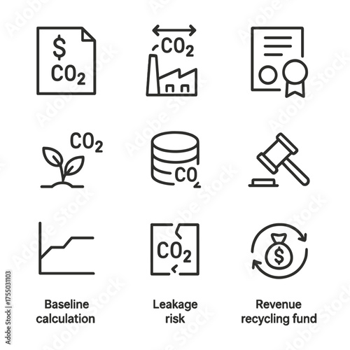 Carbon Pricing Icons. Outline icon set of carbon pricing mechanisms: carbon tax, cap-and-trade system, emissions permit, carbon