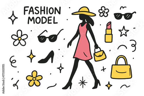 Stylish Fashion Doodles. Fashion Model. Hand-drawn doodle illustration model silhouette (colored), dress (colored), high heels, hat (colored), lipstick,