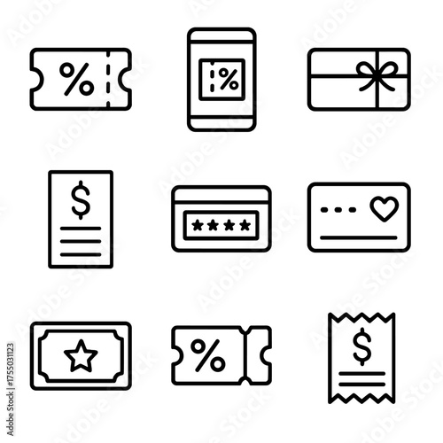 Coupon Icon Set. Outline icon set of coupon and voucher types: paper coupon, digital voucher, gift card, rebate form, promo code