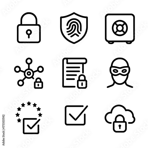AI Security Icons. Outline icon set of AI privacy and data protection: padlock, shield with fingerprint, safe box, anonymized