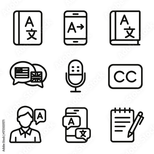 Cross-Cultural Language Icons. Outline icon set of cross-cultural language tools: phrasebook, translation app, bilingual