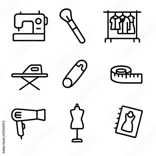 Backstage Fashion Icon Set. Outline icon set of Backstage fashion show scenes: sewing machine, makeup brush, garment rack, ironing