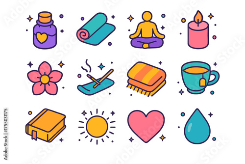 Wellness Icons Collection. Wellness Moment. Colorful isometric vector icons set of wellness moment: essential oil bottle, yoga mat, meditation pose, candle,
