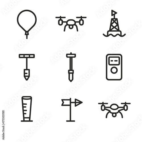 Field Data Tools Icons. Outline icon set of field data collection tools: weather balloon, drone, ocean buoy, soil sampler, ice