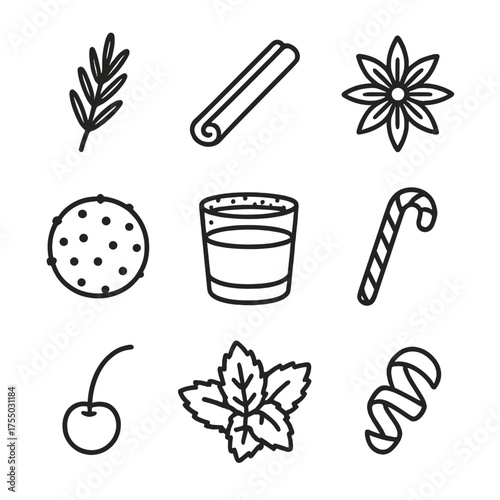 Festive Garnish Icons. Outline icon set of festive garnishes: rosemary sprig, cinnamon stick, star anise, clove-studded orange,
