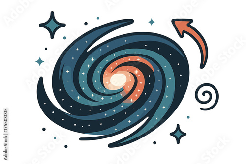 Galactic Spiral Art. Galactic spiral. Glowing whirl of stars forming giant spiral arms curving around a bright core. Floating icons of sparkle, swirl, and