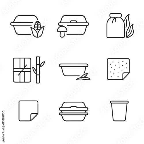 Biodegradable Packaging Icons. Outline icon set of biodegradable packaging materials: cornstarch container, mushroom-based box,
