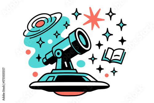 Cosmic Stargazing Adventure. Cosmic Observatory. A glowing telescope on a spaceship viewing distant galaxies, abstract floating spark and star icons