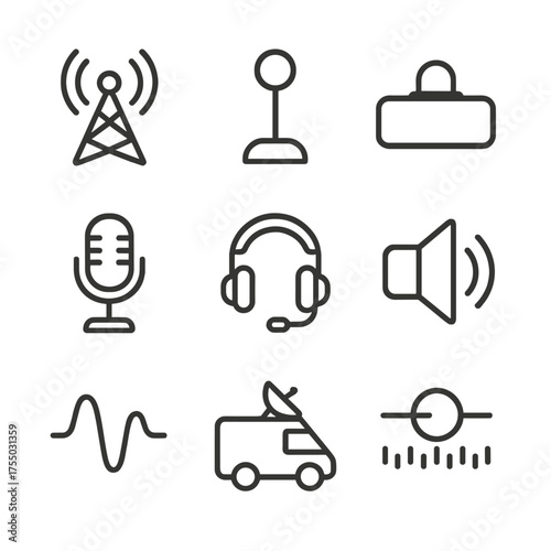 Broadcasting Icons Grid. Outline icon set of radio broadcasting: radio tower, antenna, on-air sign, microphone, headset, speaker,