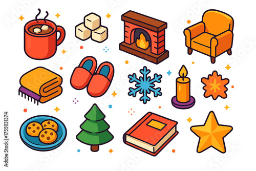 Winter Warmth Icons. Winter Warmth. Colorful isometric vector icons set of winter warmth: mug of cocoa, marshmallows, fireplace, cozy armchair, blanket,