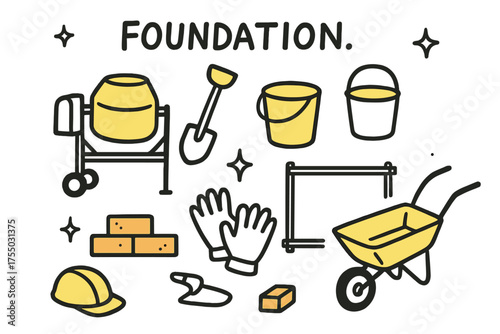 Construction Tools Doodle. Foundation. Hand-drawn doodle illustration concrete mixer (colored), shovel (colored), bucket (colored), sparkle, star, wheelbarrow,