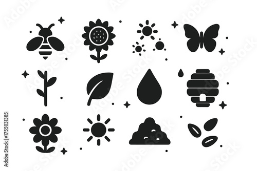 Pollination Process Icons. Pollination Process. Solid icons set of Pollination Process: bee, sunflower, pollen, butterfly, stem, leaf, nectar, hive, flower