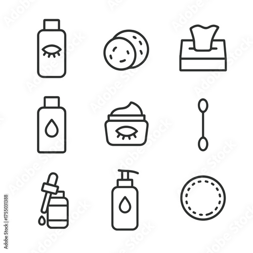 Eye Care Icon Set. Outline icon set of eye makeup removal and care: makeup remover bottle, cotton pad, cleansing wipe, micellar