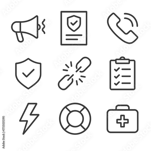 Crisis Response Icons. Outline icon set of crisis response: megaphone apology, emergency plan document, hotline phone, protective