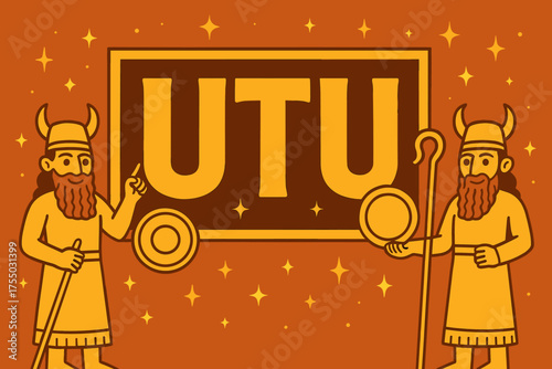 Utu God Banner. Utu God banner, flat vector illustration, bold oversized text inside rectangular frame, cartoon characters standing and pointing at banner,