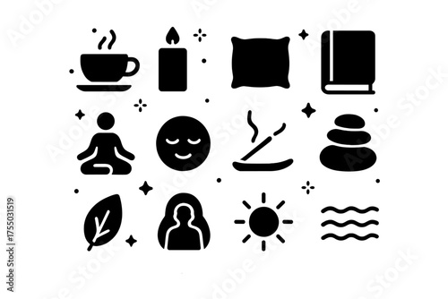 Relaxation Icons Grid. Relaxation Routine. Solid icons set of Relaxation Routine: tea cup, candle, cushion, journal, meditation pose, serene face, incense, zen
