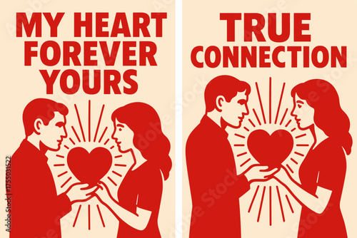 Radiant Heart Silhouettes. Relationship. Two vertical A6 banners with safe margins, centered composition, no elements touching edges, bold style, red and
