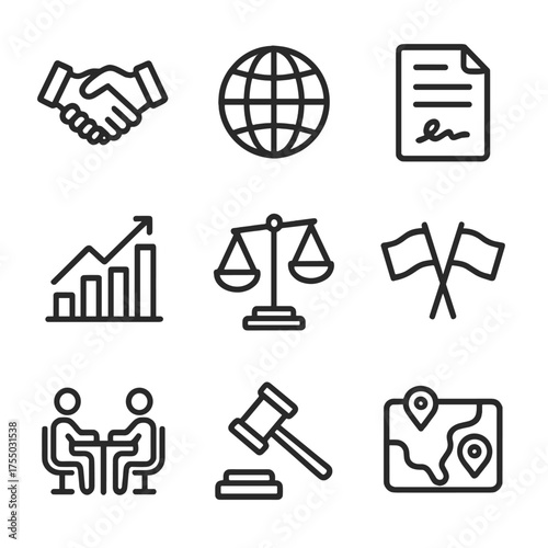 Global Trade Icons. Outline icon set of international trade agreements: handshake, globe, contract document, tariff chart, balance