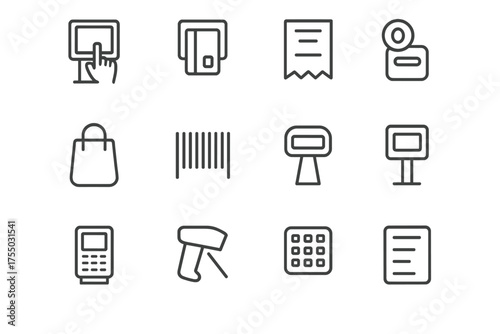 Self-Service Kiosk Icons. Self-service kiosk. Line icon set of Self-service kiosk: touchscreen, card reader, receipt, shopping bag, barcode, coin slot, POS