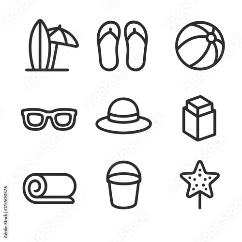 Beach Party Essentials. Outline icon set of beach party accessories: surfboard umbrella, flip-flop pair, beach ball, sunglasses,