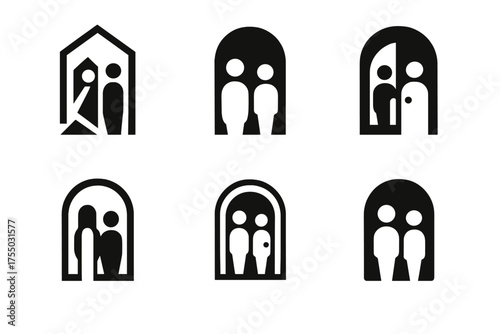 Performers Logo Variations. Performers Backstage. Set Logo of Performers Backstage: stylized stage door with performers. harmonious logo variations of the same