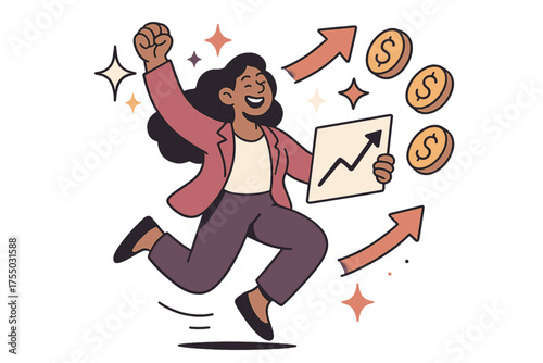Small Business Triumph. Milestone success. Glowing small business owner celebrating with charts and coins floating upward. Floating icons of sparkle, star, and