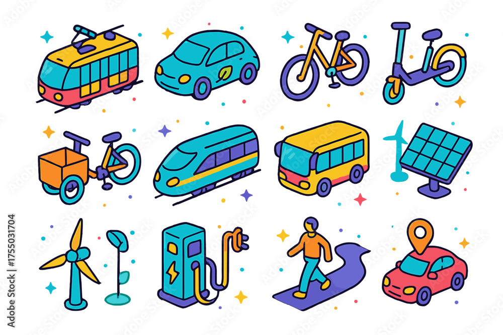 Naklejka premium Future Transport Icons. Future Transport. Colorful isometric vector icons set of future transport: tram, electric car, bicycle, scooter, cargo bike, train,