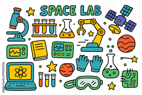 Space Lab Doodle. Space Lab. Colorful Hand-drawn doodle Children illustration Microscope, test tubes, beaker, laptop, robot arm, control panel, satellite,