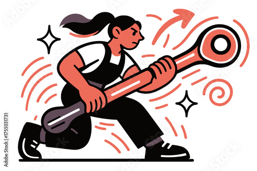 Dynamic Torque Illustration. Effort in motion. Glowing socket wrench with motion lines showing torque and force. Floating icons of sparkle, arrow, and swirl