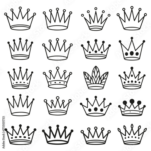 Hand Drawn Crown Icon Set Royal Tiara and King Symbol Silhouettes