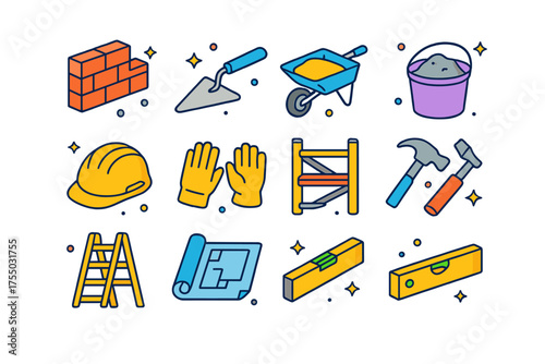 Colorful Building Icons. Building Process. Colorful isometric vector icons set of building process: brick wall, trowel, wheelbarrow, cement bucket, safety