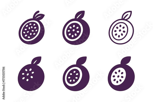 Passion Fruit Logos. Exotic Fruits. Set Logo of Exotic Fruits: passion fruit. harmonious logo variations of the same emblematic concept, each with different