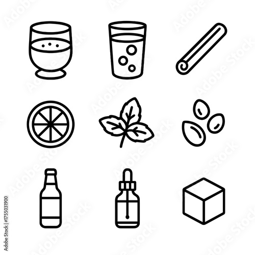 Holiday Cocktail Icons. Outline icon set of holiday cocktail ingredients: eggnog, cranberry juice, cinnamon stick, orange slice,