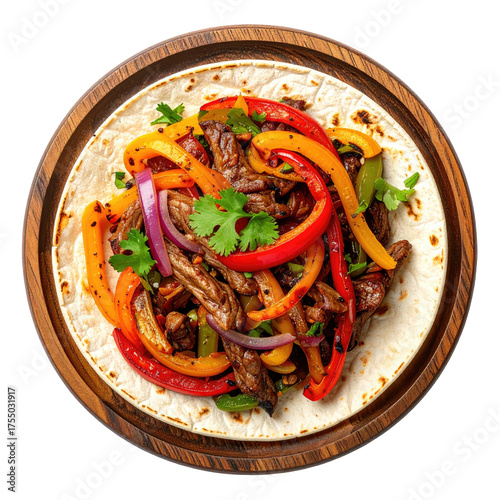 Appetizing tortilla wrap filled with sizzling peppers, meat, onion, and fresh herbs