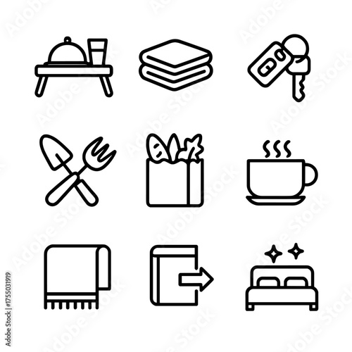 Acts of Service Icons. Outline icon set of acts of service symbols: breakfast tray, folded laundry, car keys, gardening tools,