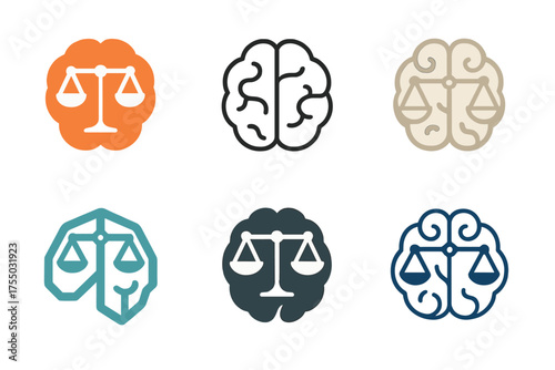 AI Ethics Logo Variations. Ethical AI coder collectives. Set Logo of AI ethics: brain with ethical nodes. harmonious logo variations of the same emblematic