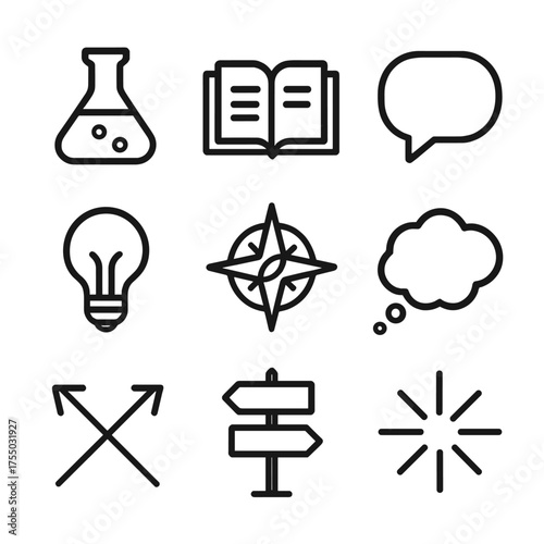 Chance Encounters Icons. Outline icon set of chance encounters and moments: lab flask, open book, speech bubble, lightbulb,