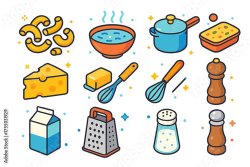 Family Meal Icons. Family Meal. Colorful isometric vector icons set of family meal: macaroni pasta, steaming bowl, oven dish, saucepan, cheese wedge, butter
