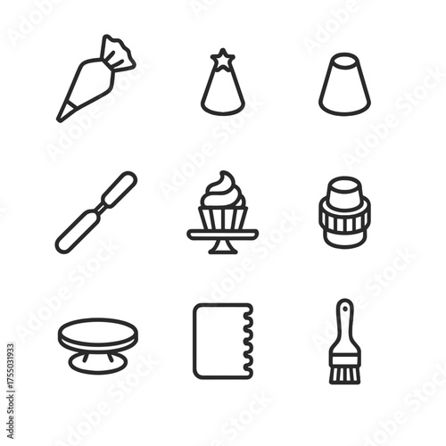 Cupcake Tool Icons. Outline icon set of cupcake decorating tools: piping bag, star nozzle, round nozzle, offset spatula, cupcake